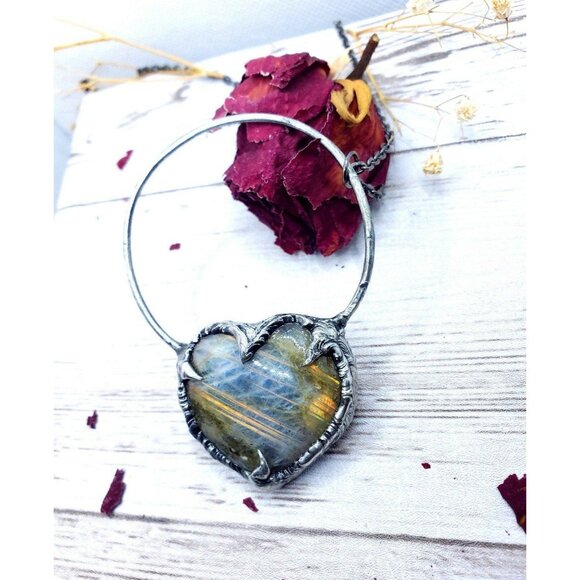 Labradorite Heart Crystal Necklace Handmade Gothic Fantasy Metalwork - Picture 1 of 12